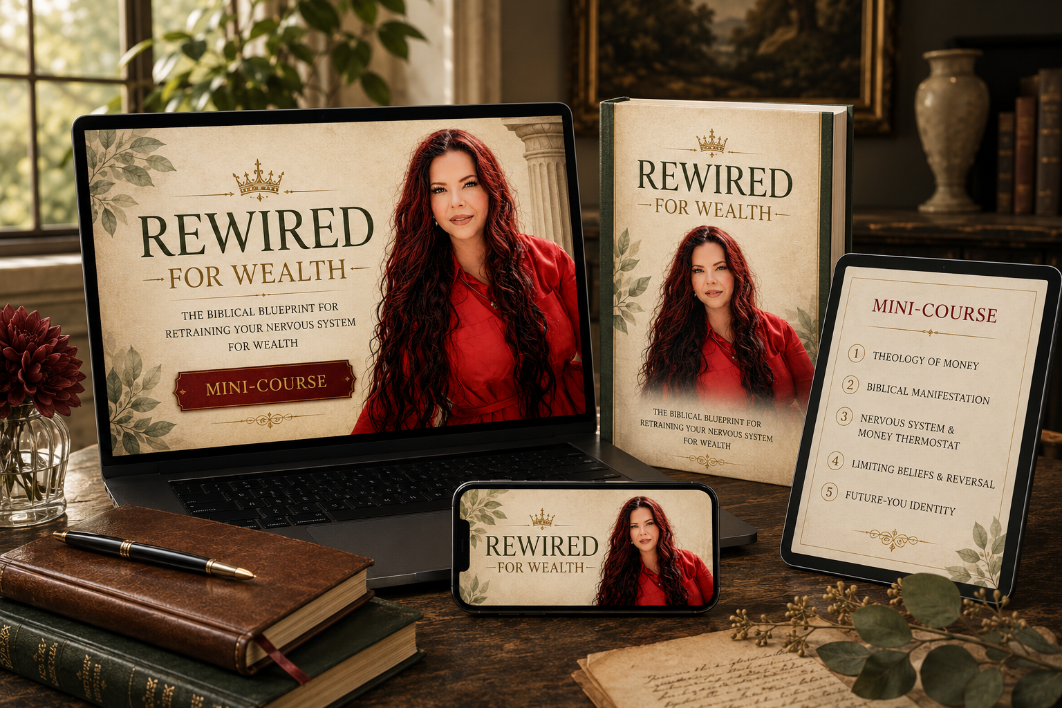 Rewired for Wealth product mockup showing the mini-course on laptop, book, tablet, and phone